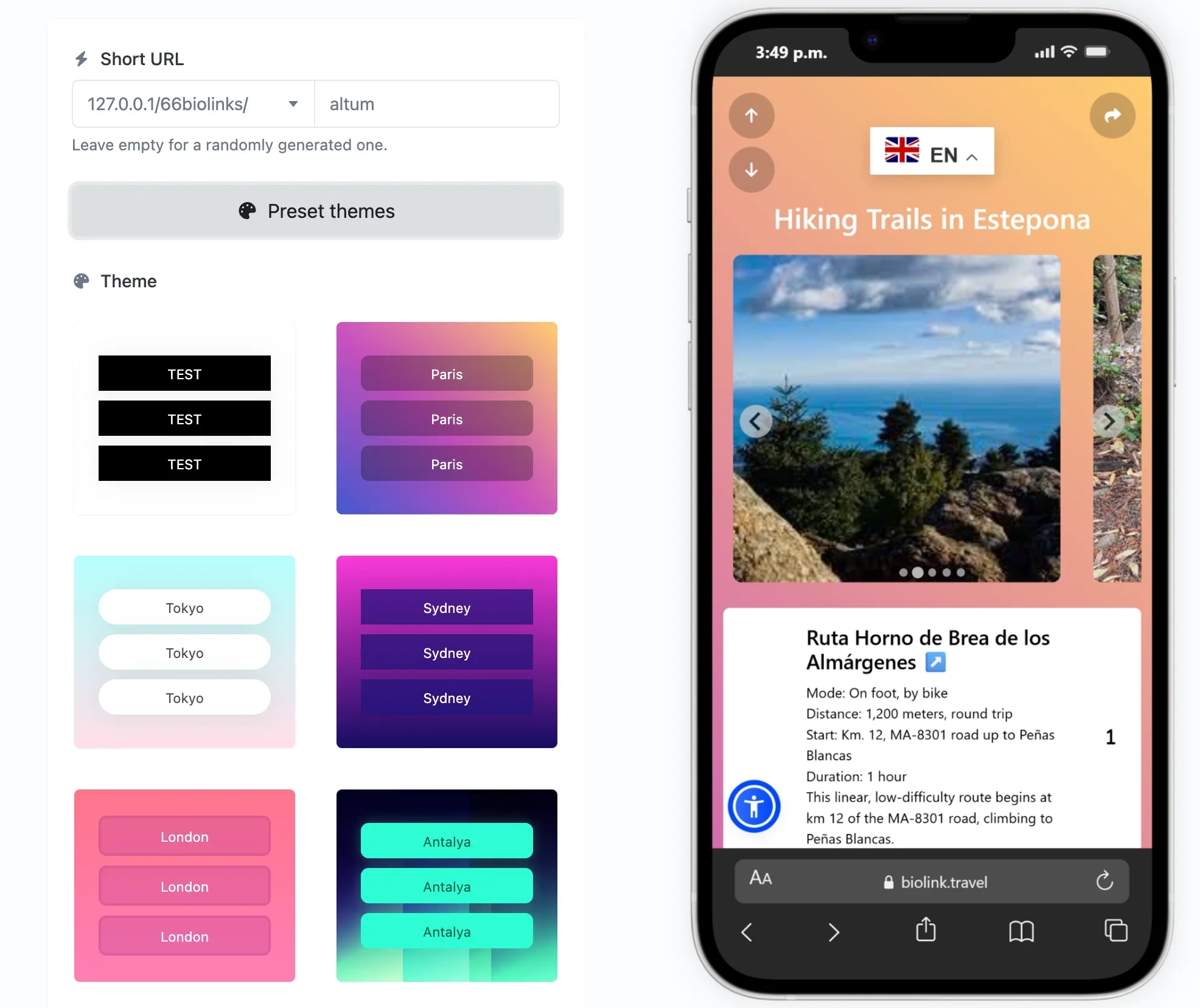 Screenshot of the app biolink editing page